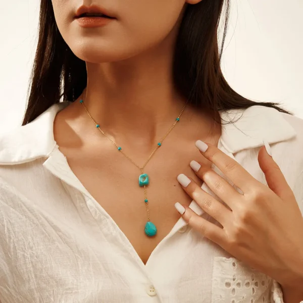 ORSA JEWELS Fashion Y Shaped Choker Necklace 925 Sterling Silver Irregular Turquoise Long Chain Necklace for Women Jewelry GMN50